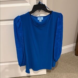 CeCe Cobalt Blue Blouse with Floral Lace Sleeves